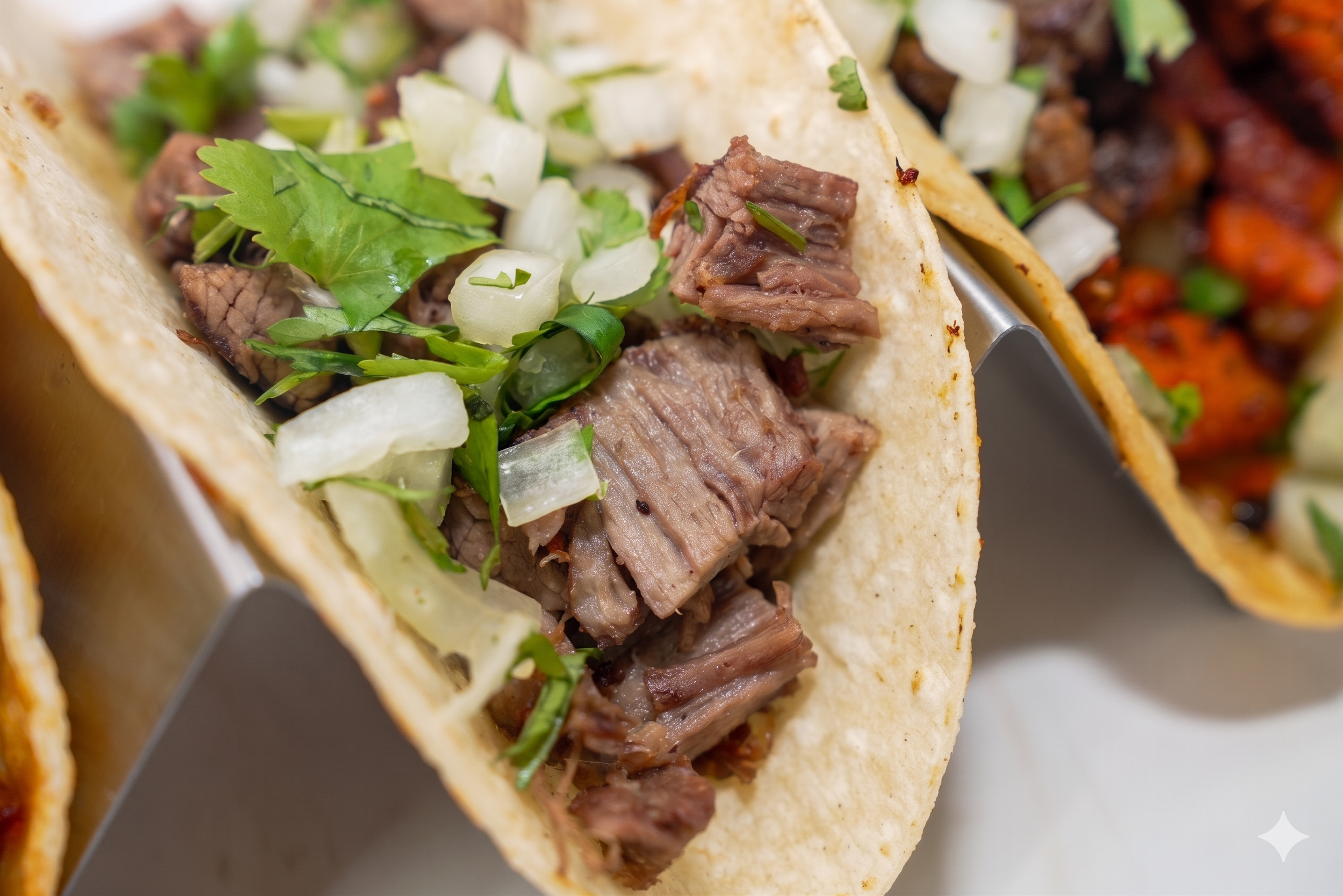 Close-up of a taco filled with shredded grilled meat, chopped onions, cilantro, and a soft taco shell.