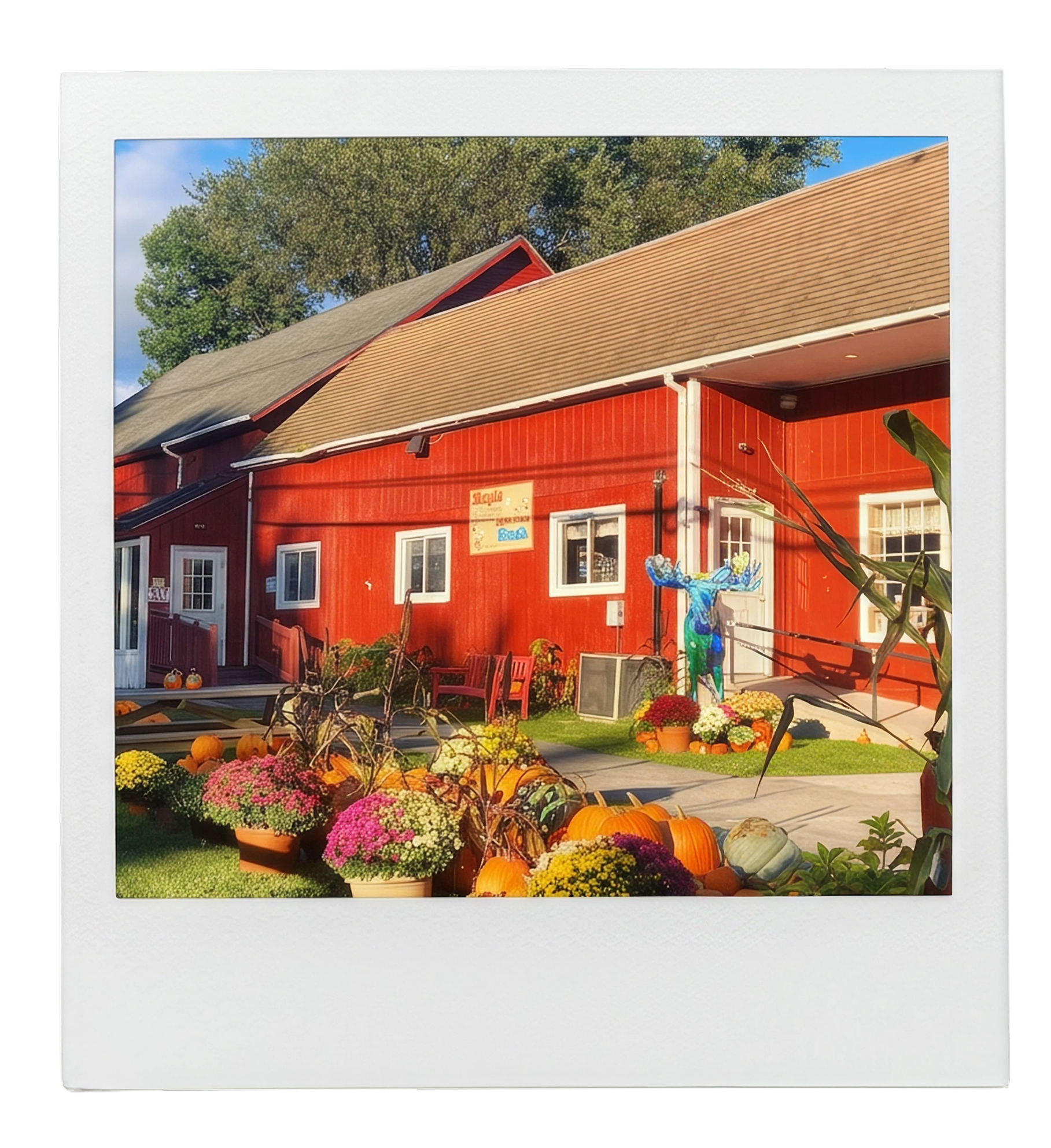 A photo of a house decorated for autumn with pumpkins, potted mums, and gourds in the front yard.