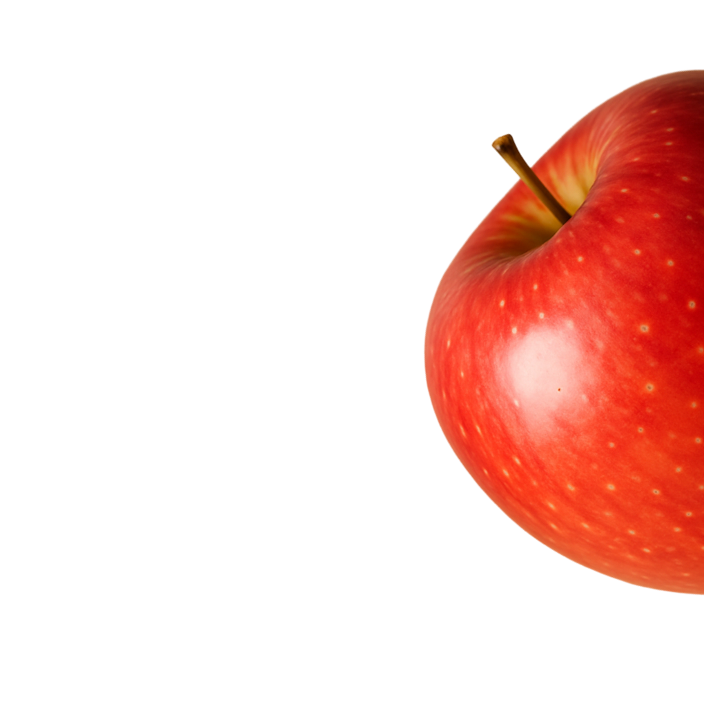 Close-up of a red apple with yellow streaks and a brown stem on a black background.