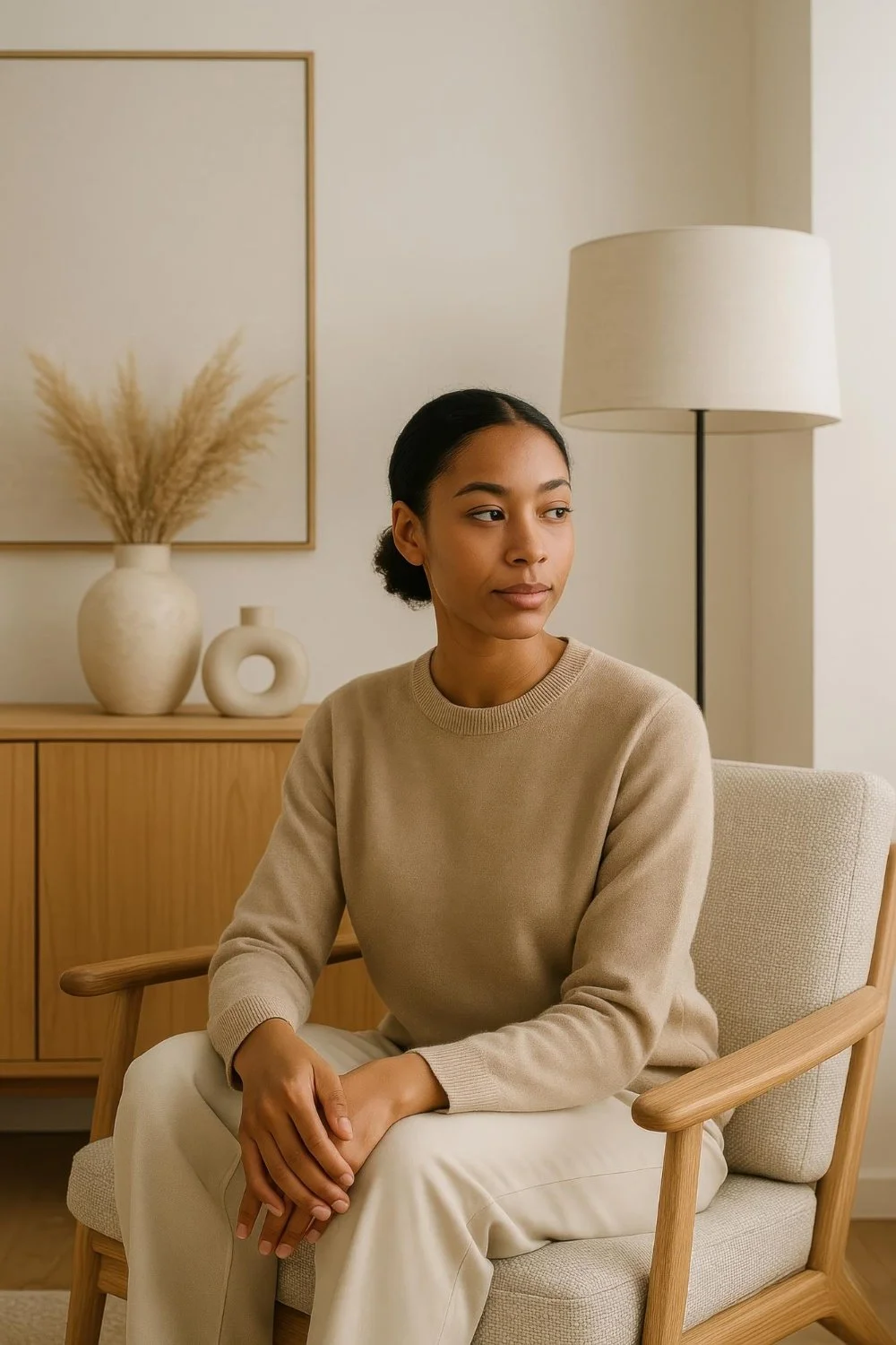 Woman sitting peacefully in a calm, neutral room — representing a safe, welcoming space for anxiety therapy and individual counseling in Ogden, Utah