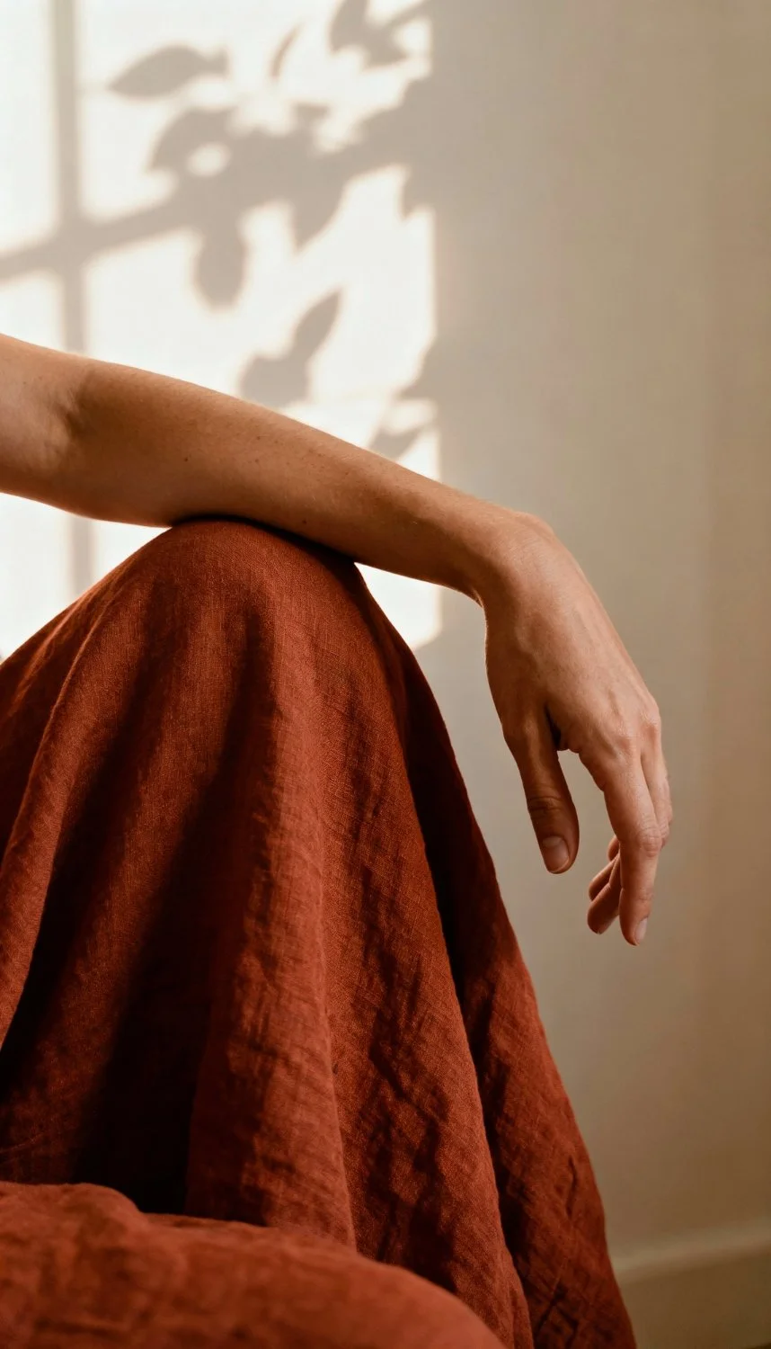 Close-up of a person's hand resting quietly with leaf shadows on the wall — representing somatic awareness and embodied healing through therapy in Utah