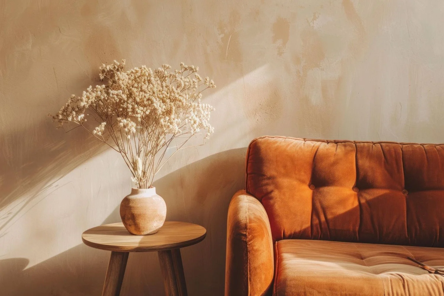 A cozy living room corner with a small wooden side table holding a vase of dried white flowers next to a brown plush sofa.