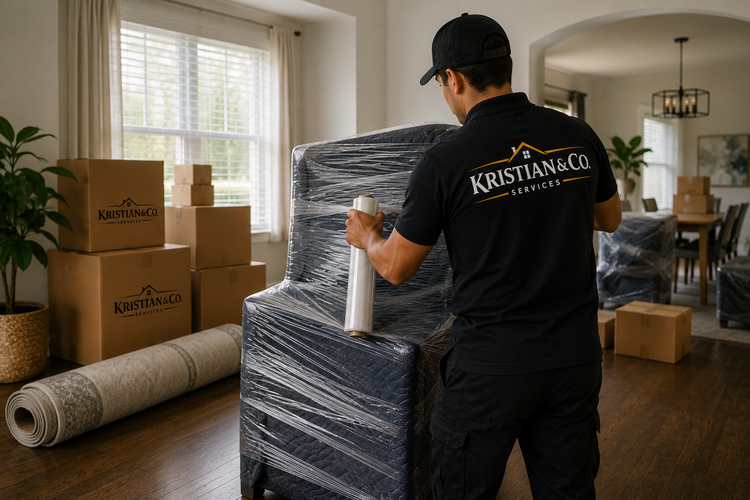 Mover in black uniform with Kristian & Co logo wrapping furniture in plastic in a well-lit living room with cardboard boxes and a rolled rug on the floor.