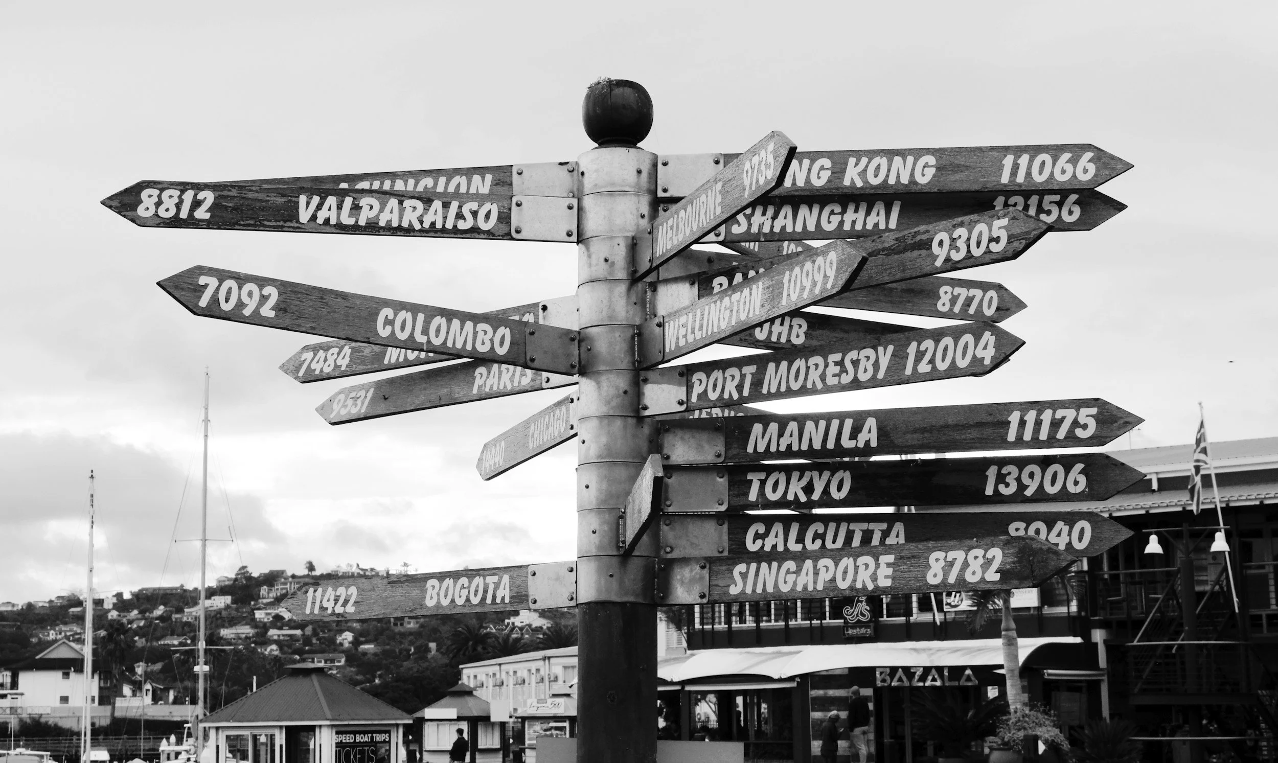A tall signpost with multiple wooden directional signs pointing in various directions, each labeled with a location name and distance or number. The background shows overcast sky, hilly terrain with houses, and a marina with sailboats.