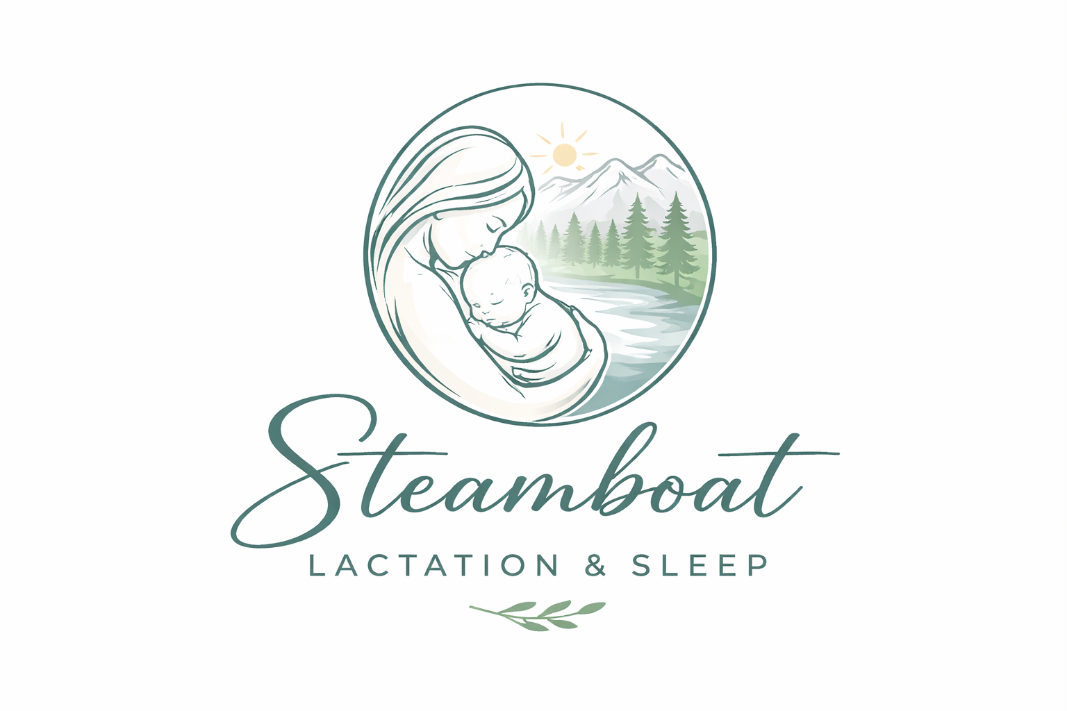A logo featuring a mother with long hair and a baby, both with closed eyes, in a circular frame with a mountain, pine trees, a river, and a sun in the background. Below, the text 'Steamboat Lactation & Sleep' is written with a small leaf illustration.