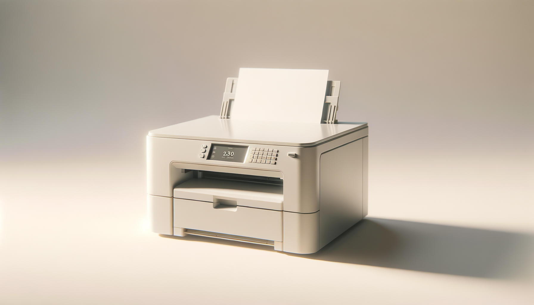 A modern off-white laser printer with a sheet of paper loaded in the tray, set against a plain light background.