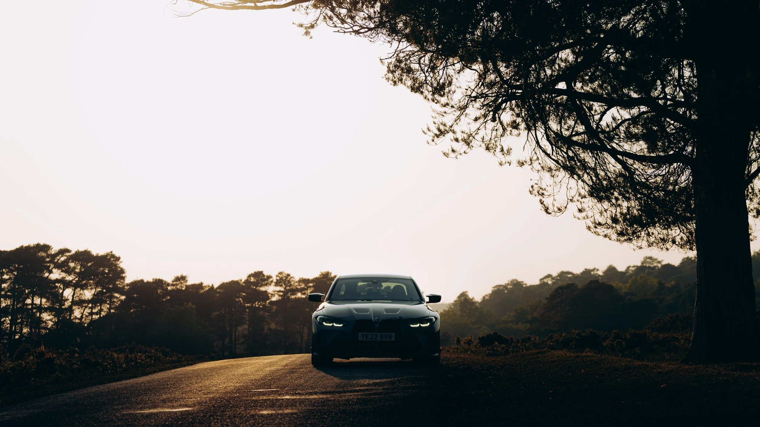 A black car parked on a dirt road surrounded by trees, with a large tree on the right and a sunset or sunrise sky in the background.