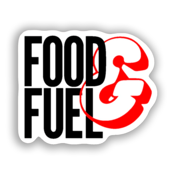 A logo with the words 'FOOD & FUEL' in black letters, and a stylized red number three intertwined with a fork, all on a black background.