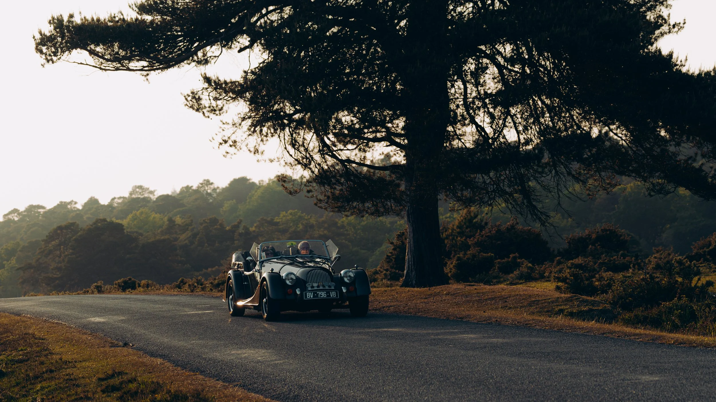 A vintage black convertible sports car driving along a rural road, with a large tree on the side and a forested landscape in the background, during daytime.
