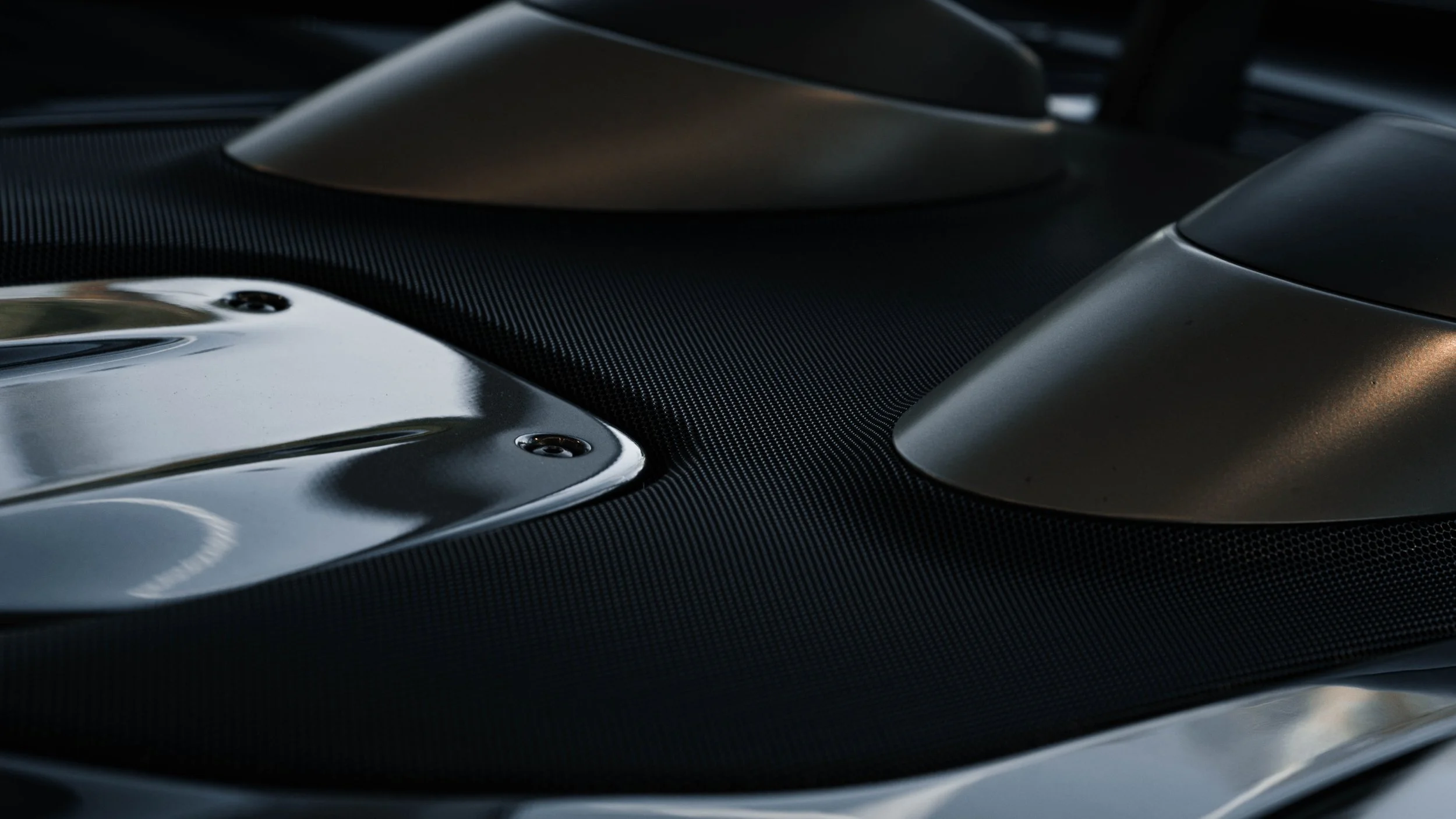 Close-up of a black sports car's hood featuring carbon fiber and metallic components.