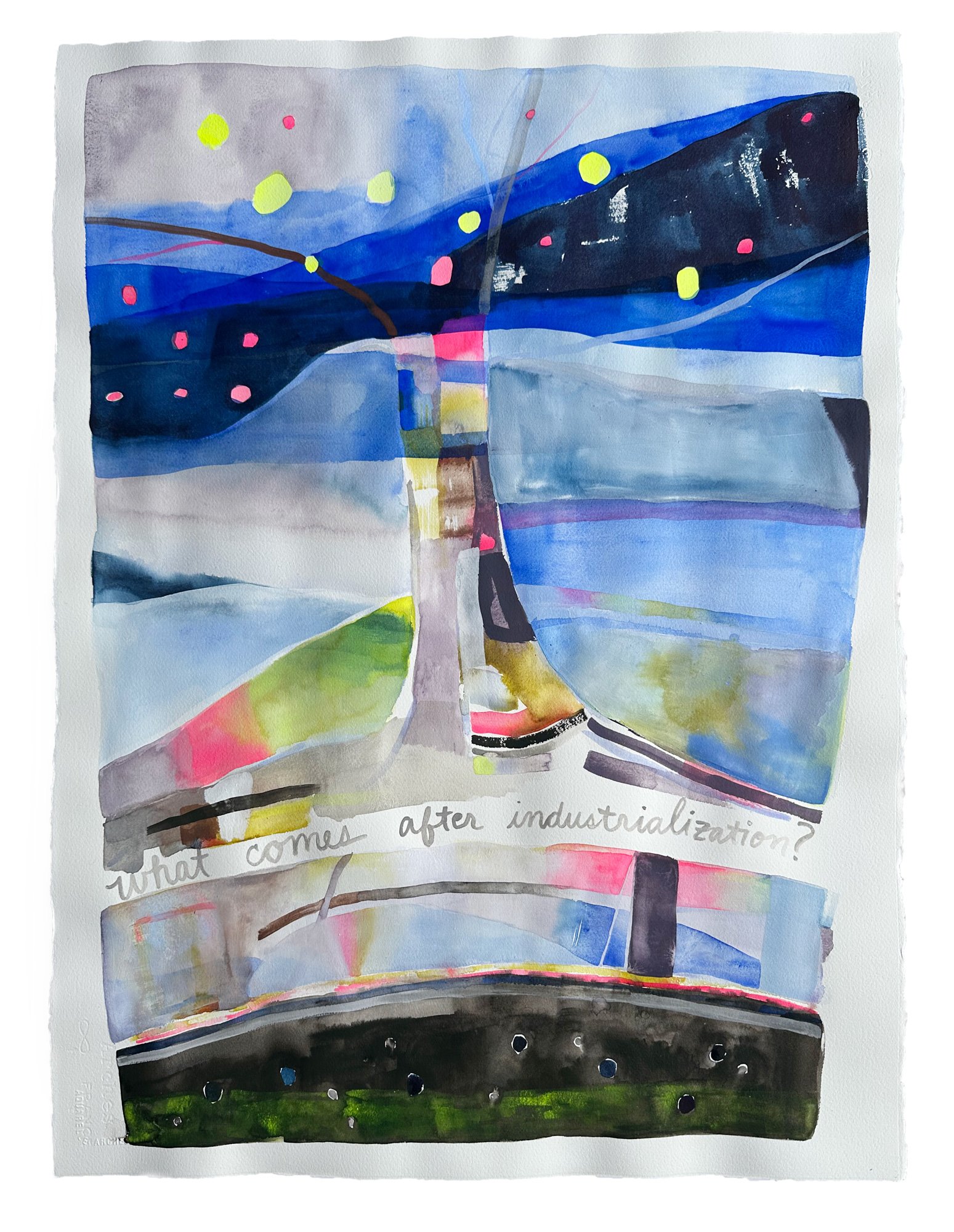 What comes after industrialization? (watercolor on paper, 30" x 22" 2025)