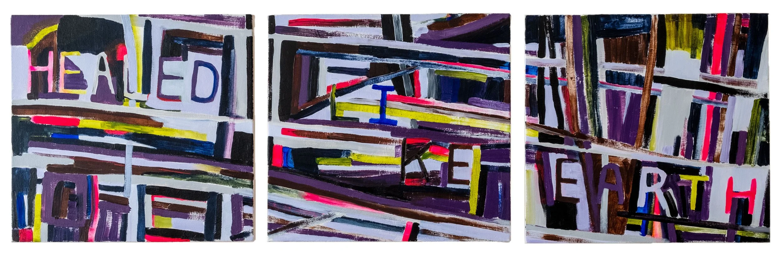 Healed Like Earth (acrylic on canvas, 17" x 48" x 1" in three panels, 2022)