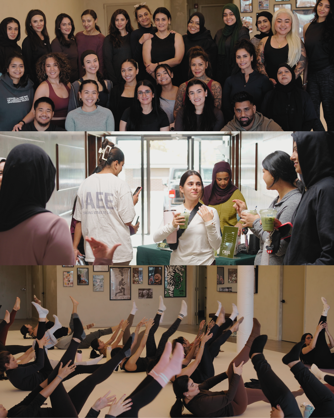 Group photo of diverse women, people socializing and receiving information, women practicing yoga in a studio.