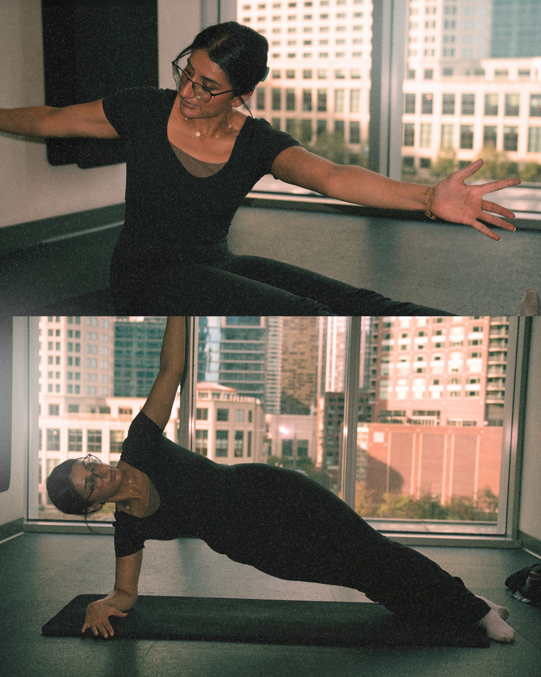 A woman practicing yoga indoors near large windows with a cityscape view, demonstrating a seated stretch and a side plank pose.