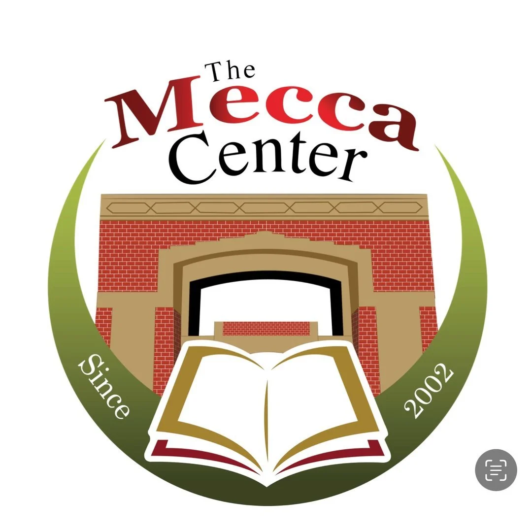 Logo for The Mecca Center featuring a brick building entrance, an open book, and green laurel wreaths, with text indicating it was established in 2002.