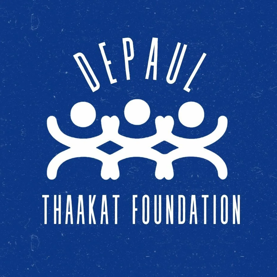 Logo for the DePaul Thaat Foundation featuring three stylized figures holding hands with the foundation name beneath.