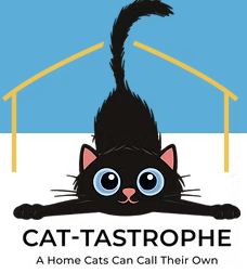 Illustration of a black cat lying under a yellow cat tree with blue eyes and a pink nose, smiling. Text reads "CAT-TASTROPHE - A Home Cats Can Call Their Own."