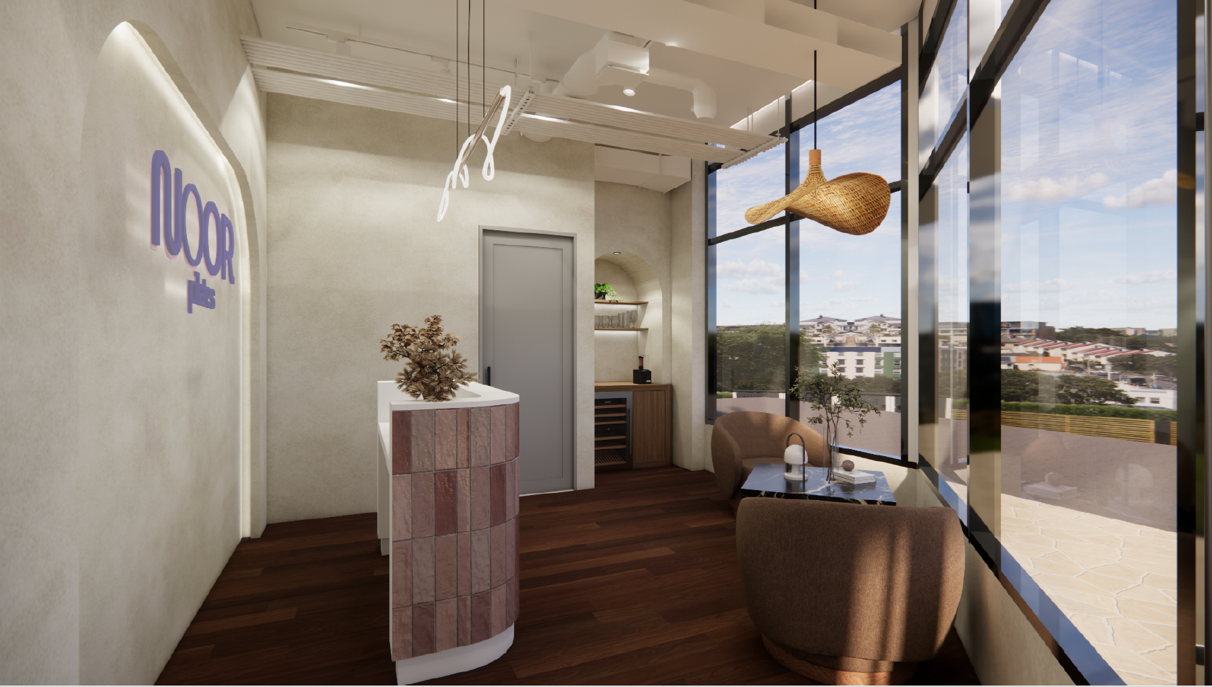 Interior of a modern lounge or cafe with large windows, a sitting area with two armchairs and a coffee table, decorative hanging light fixtures, and a view of a cityscape outside.