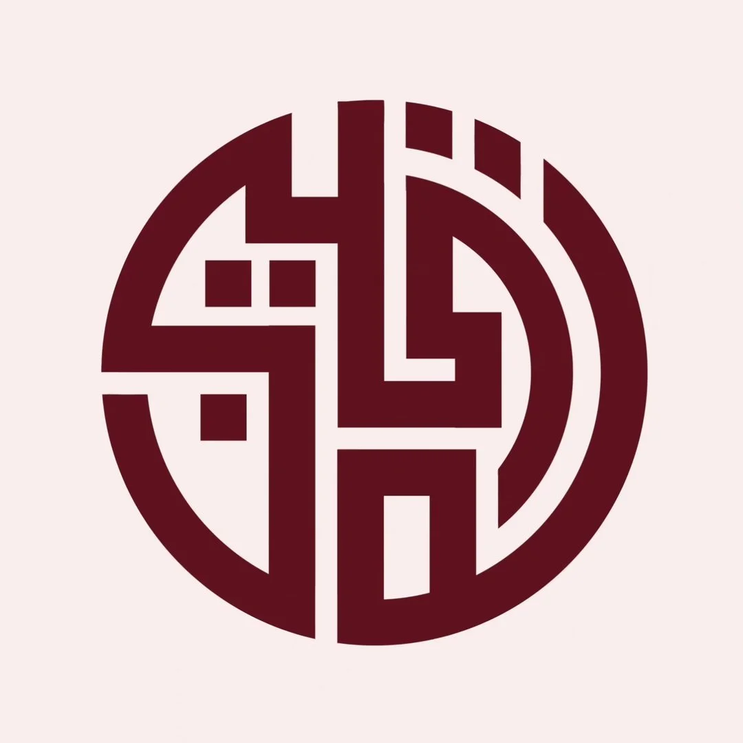 A circular, geometric monogram design in dark red on a light background.