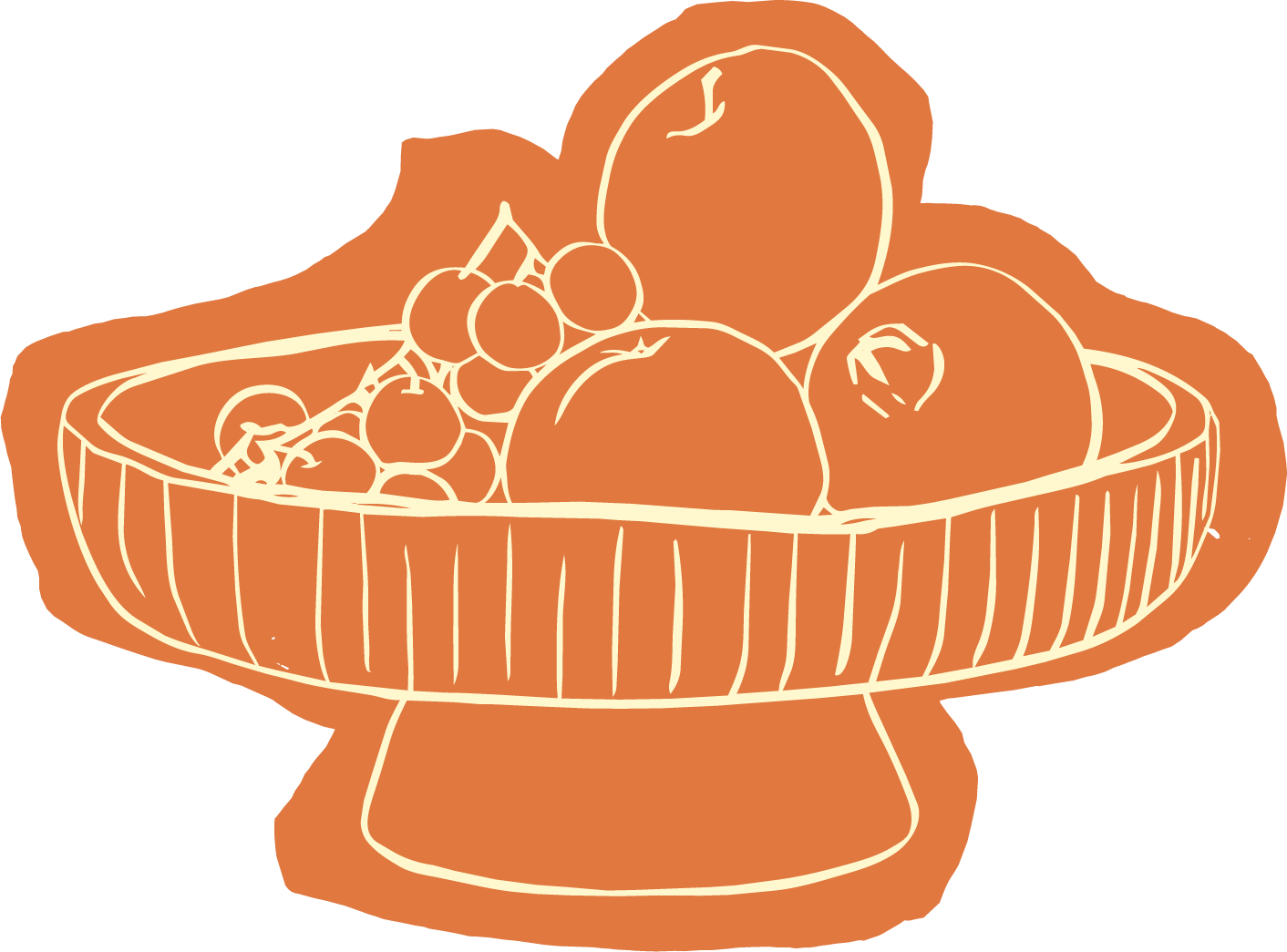 Outline drawing of a fruit basket with apples, grapes, and other fruits for naturopathic doctor