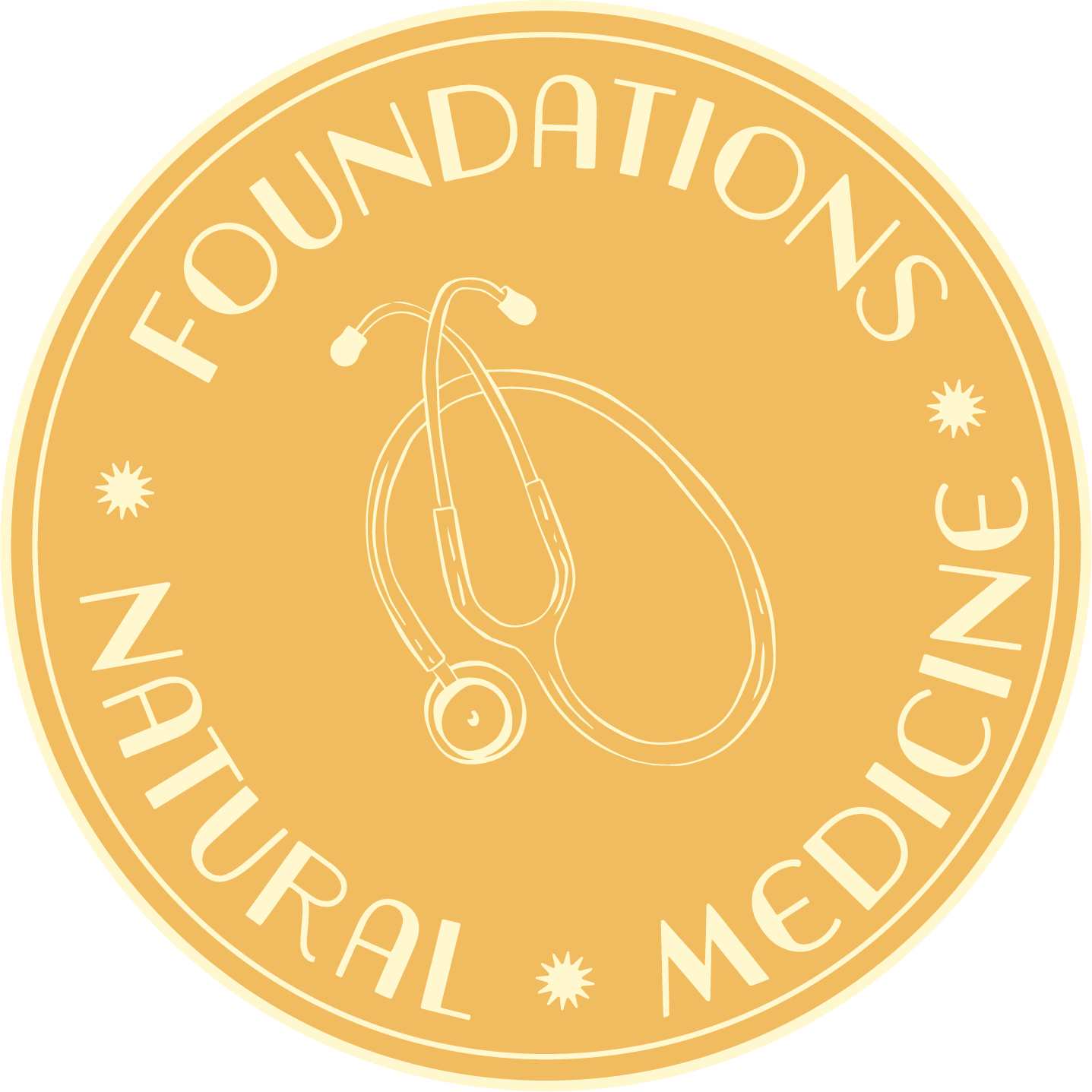 A circular medallion with a gold background featuring the logo of the Fondation's Natural Medicine . The logo includes an outline of a stethoscope and text around the perimeter