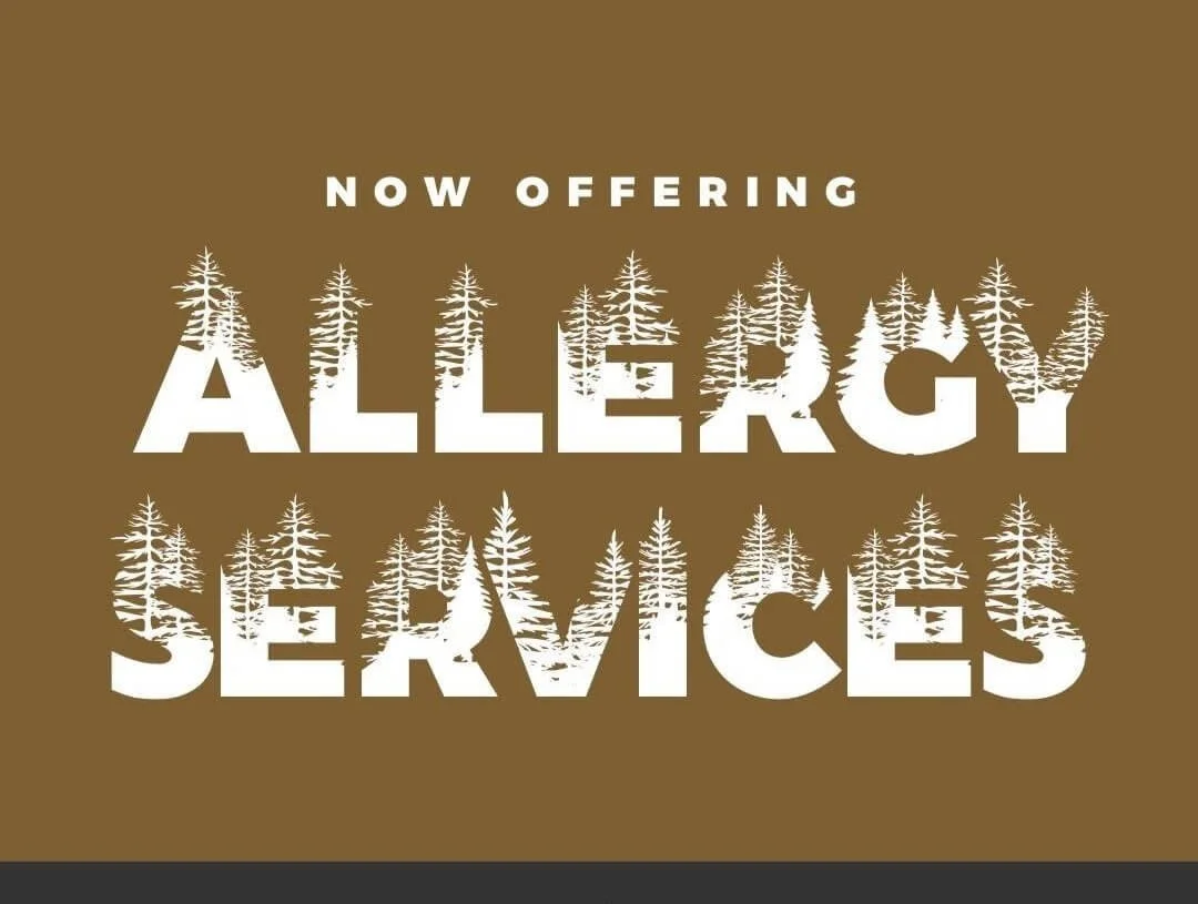 Advertisement for allergy services with white text and pine tree silhouettes on a brown background.