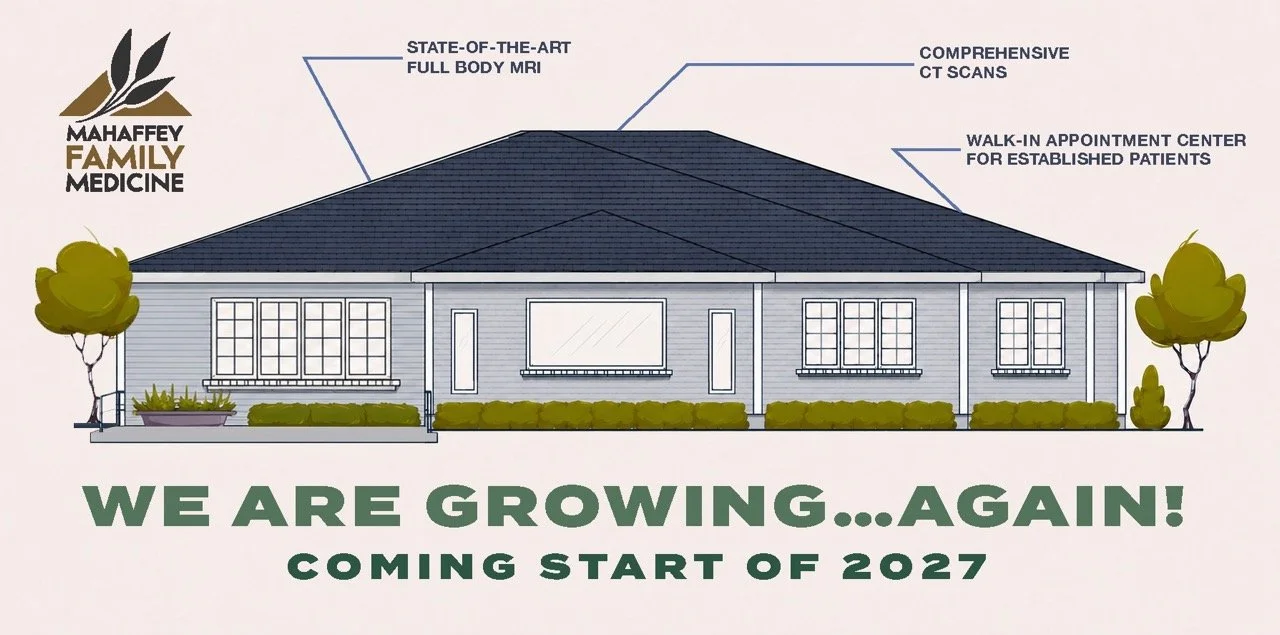 Illustration of a building with informational labels about medical services, including full body MRI, comprehensive CT scans, and walk-in appointment center for established patients, with trees and bushes in the foreground. The image announces that Mahaffey Family Medicine is growing again, starting in 2027.