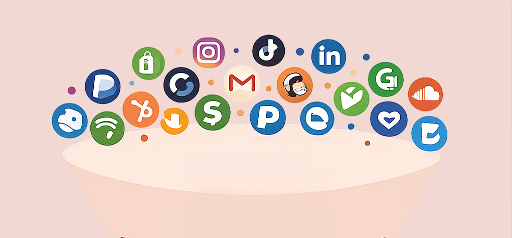 A collection of various social media, music, email, cloud storage, and communication app icons arranged in a semicircle on a pink background.