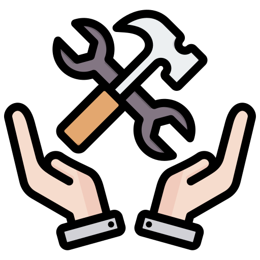 Two hands holding tools, a wrench and a hammer, symbolizing repair or maintenance.
