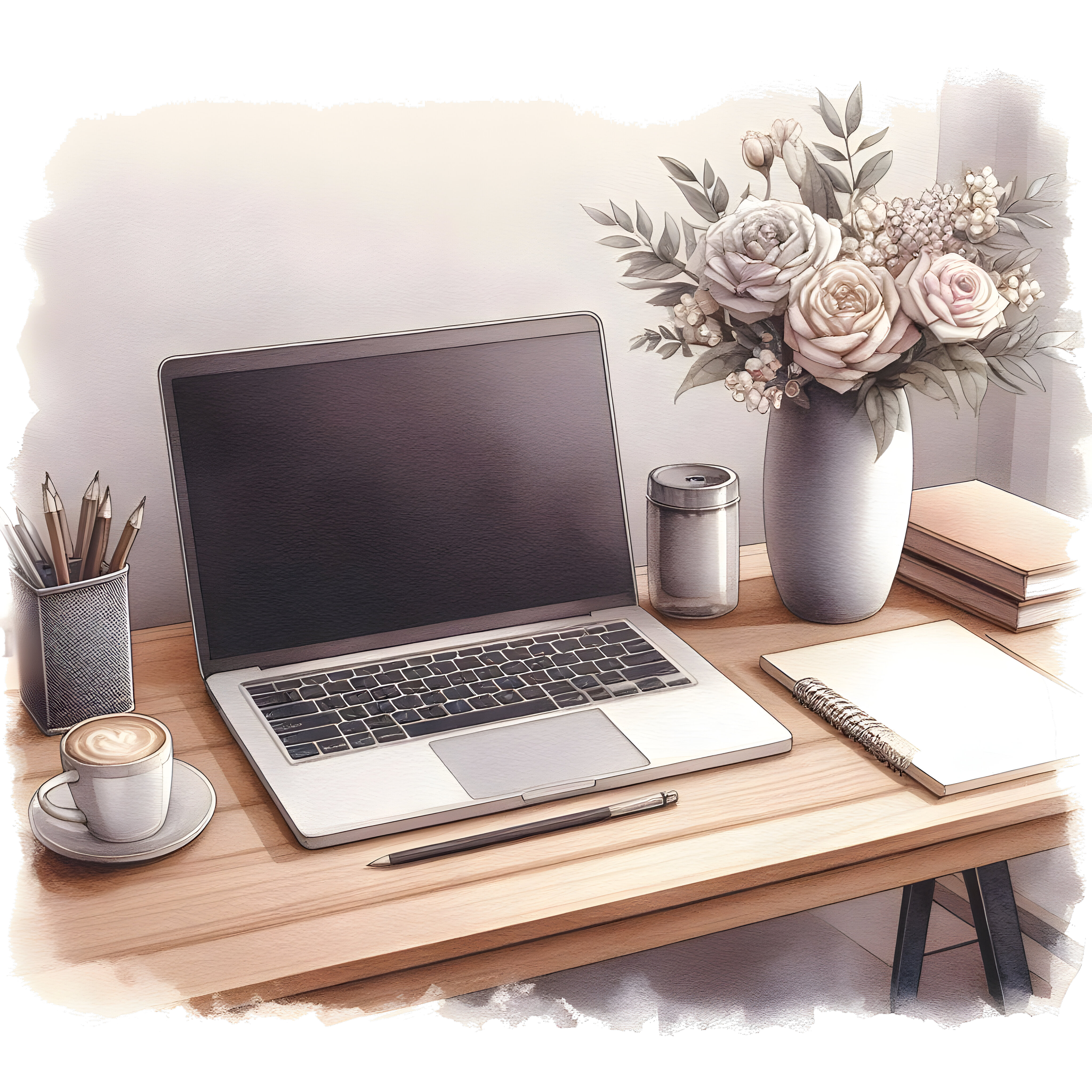 A workspace with a laptop, a mug of coffee, a notebook, a pen, a vase with flowers, a container holding pens or pencils, stacked books, and a wall with decorations.