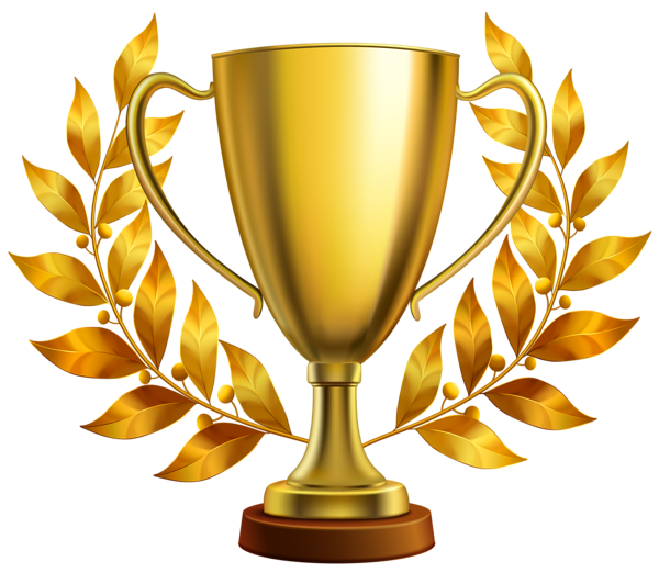Gold trophy cup surrounded by golden laurel leaves.