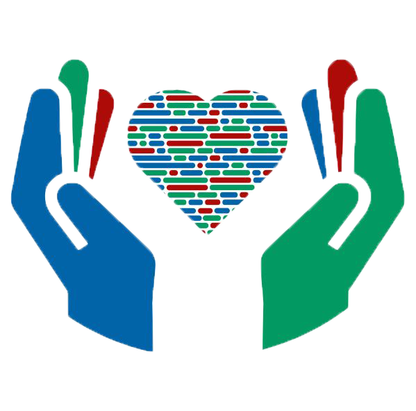 Two hands, one blue and one green, holding a white card with a colorful heart in the center.