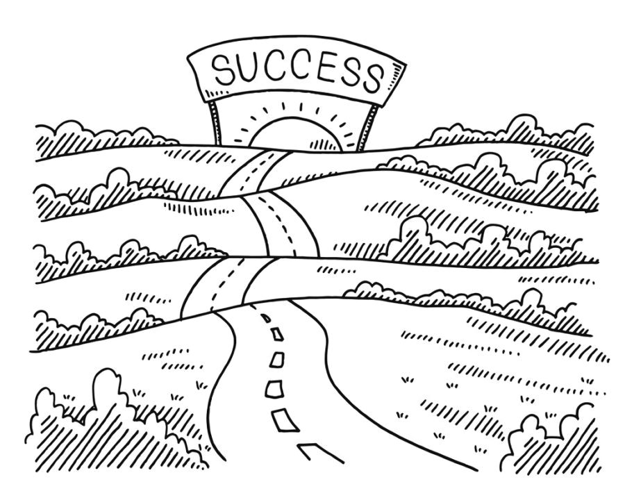 A winding road leading toward a hilltop with a large sign that says 'SUCCESS'. The scene is illustrated in a black and white line art style, with fields and clouds surrounding the road.