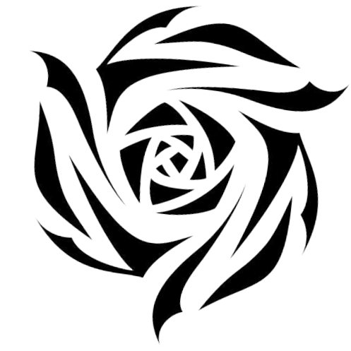 A black and white abstract spiral pattern with curved, pointed shapes radiating from the center, shaped like a geometric rose.