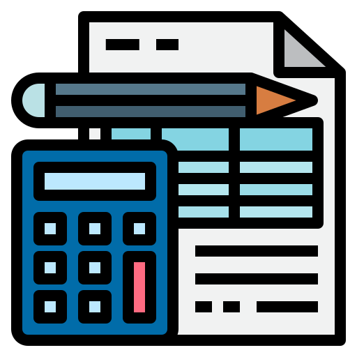 Illustration of a calculator, a pencil, and a sheet of paper with text and data.