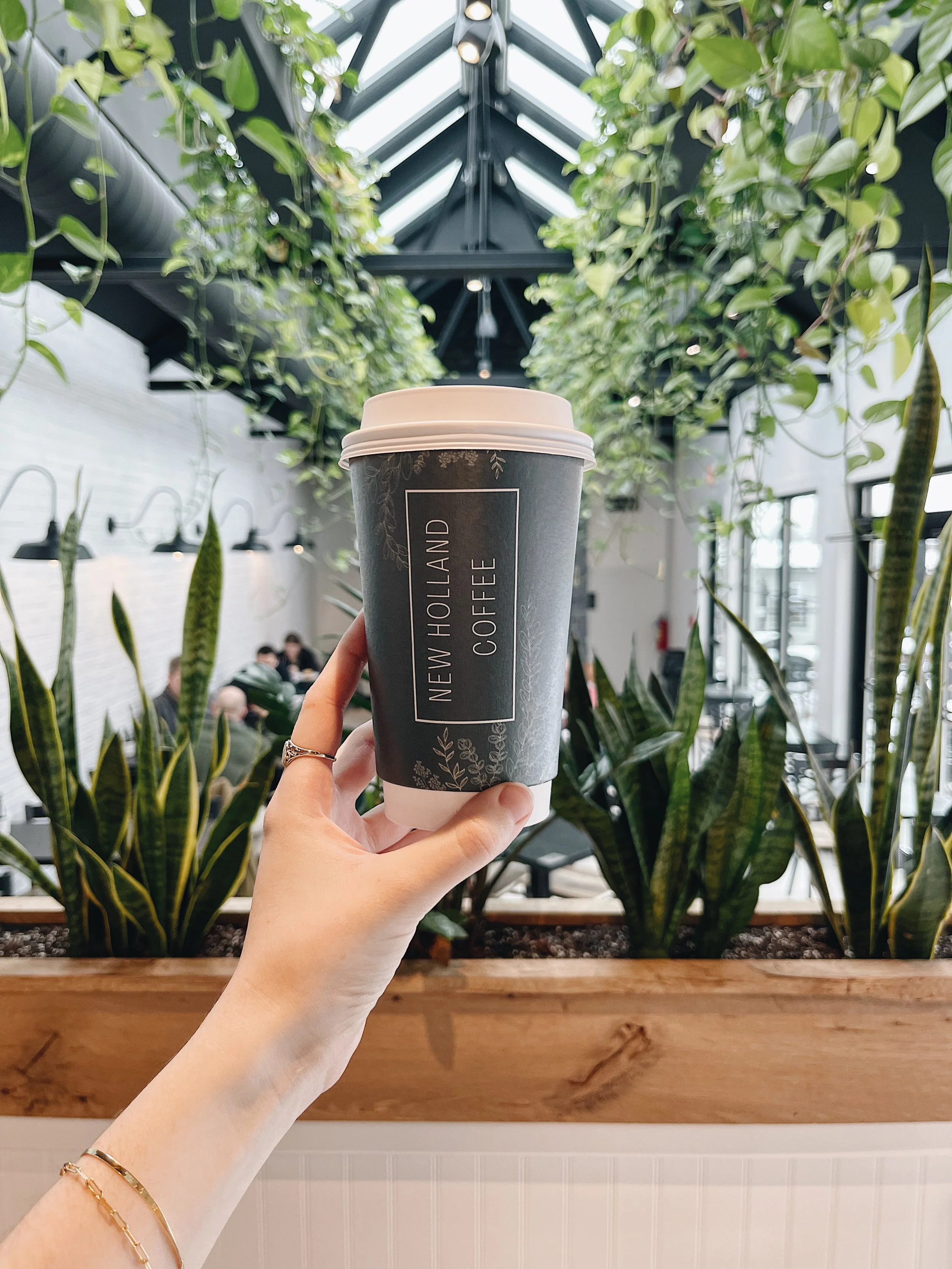 A hand holds a to-go coffee cup with a black and white label that says "New Holland Coffee" inside a cafe filled with green plants, and black architectural features on the ceiling.