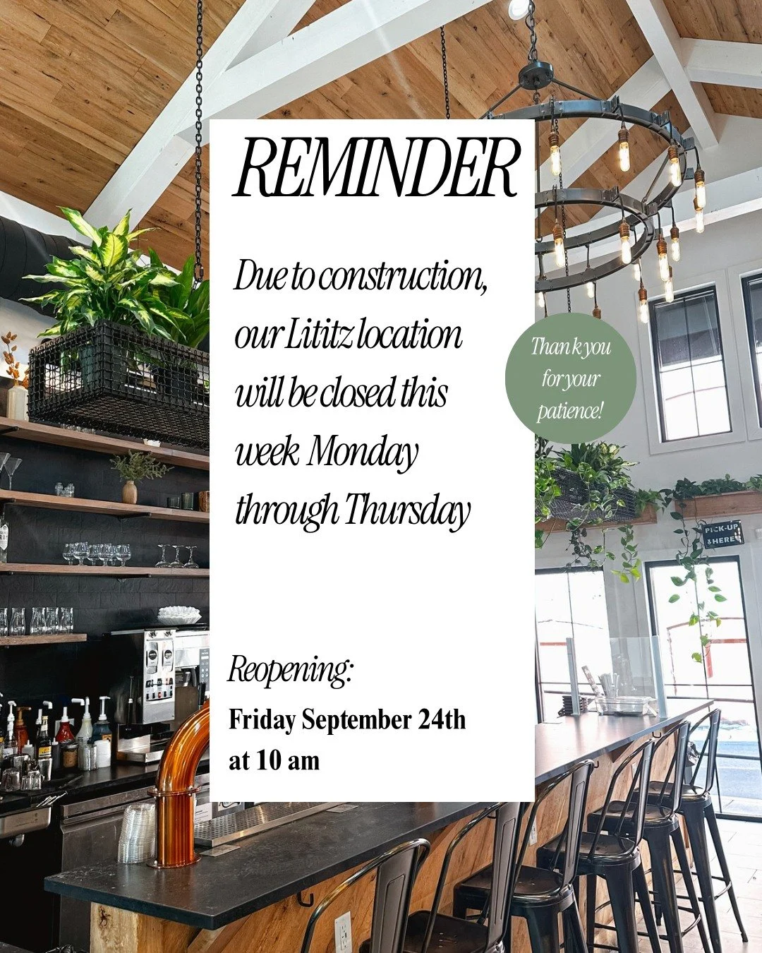 Just a reminder: Our Lititz location will be closed Monday through Thursday this week, reopening Friday at 10 AM!

We&rsquo;re sorry for the inconvenience, but we&rsquo;re confident this facelift will be worth the short closure. We can&rsquo;t wait t