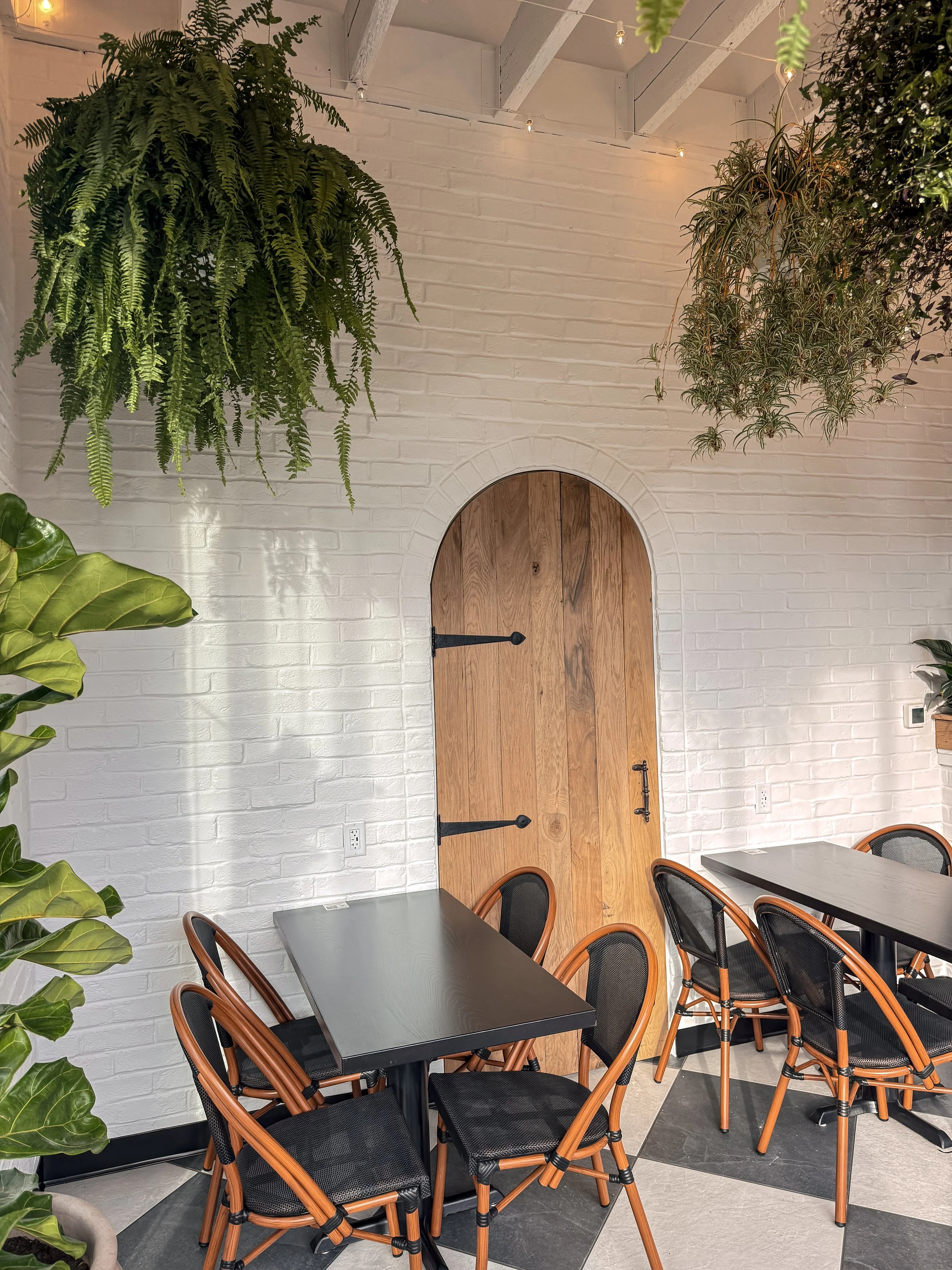 Indoor dining area with black tables and wooden chairs, white brick wall, wooden door with black hardware, hanging plants, and green potted plants, with string lights overhead.