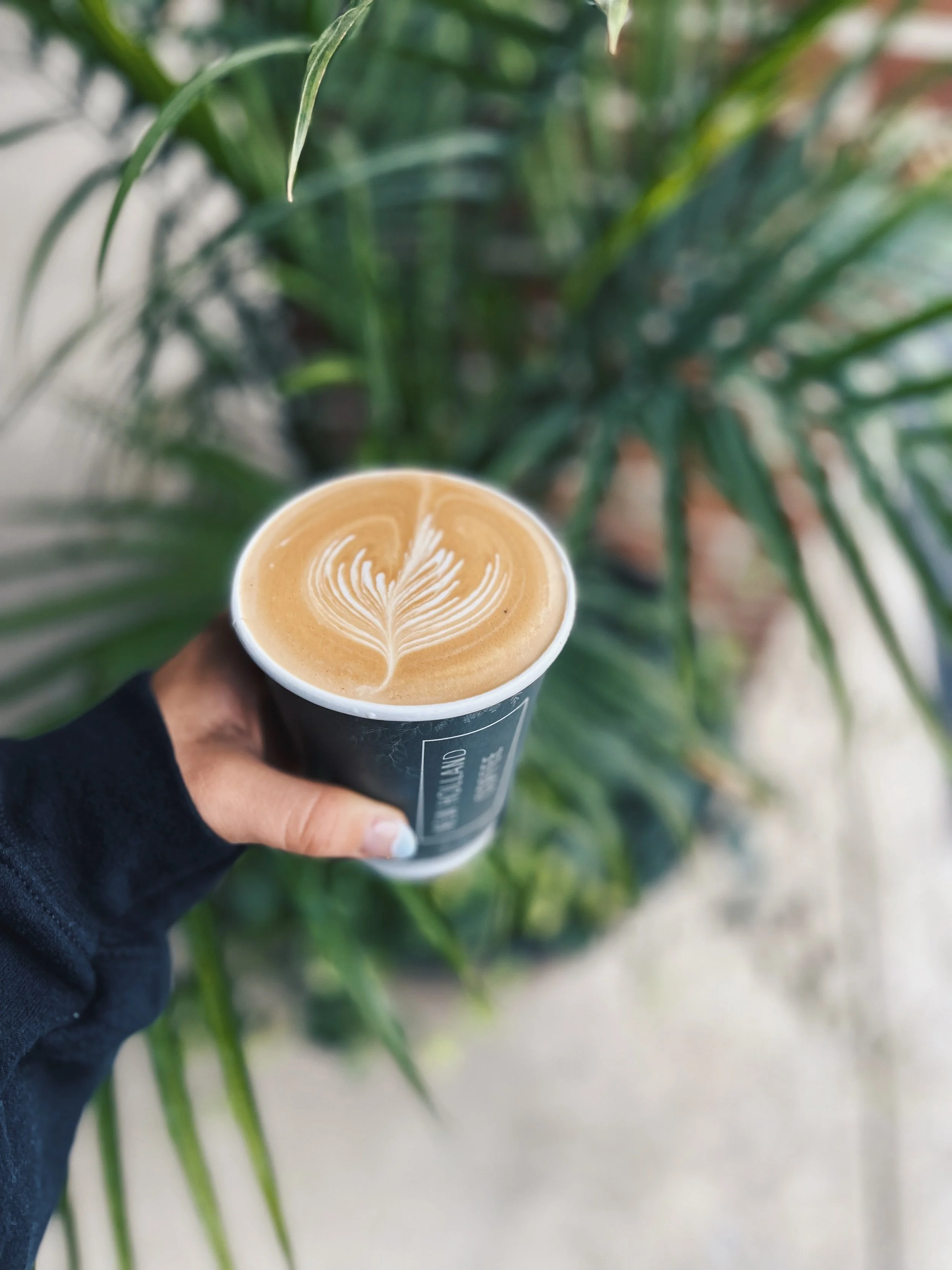 A hand holding a cup of coffee with latte art, with green plants in the background.