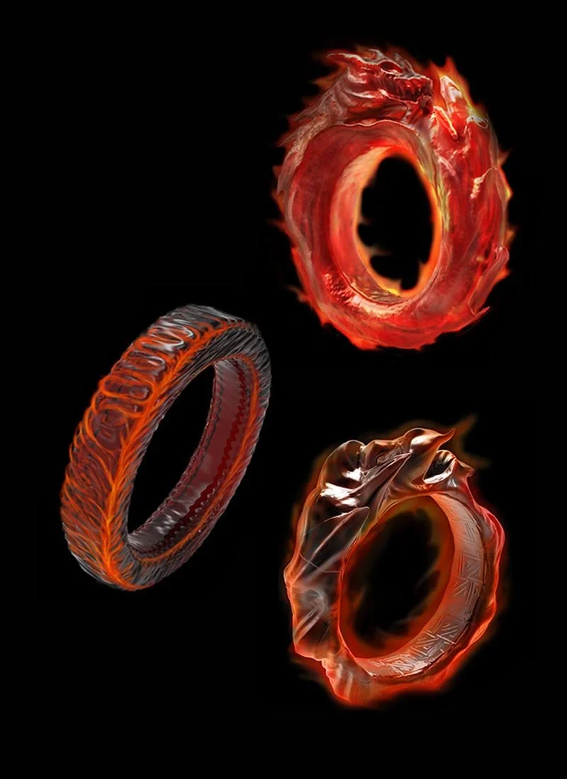 Three fiery, glowing rings floating against a black background, with intricate patterns and flames around them.