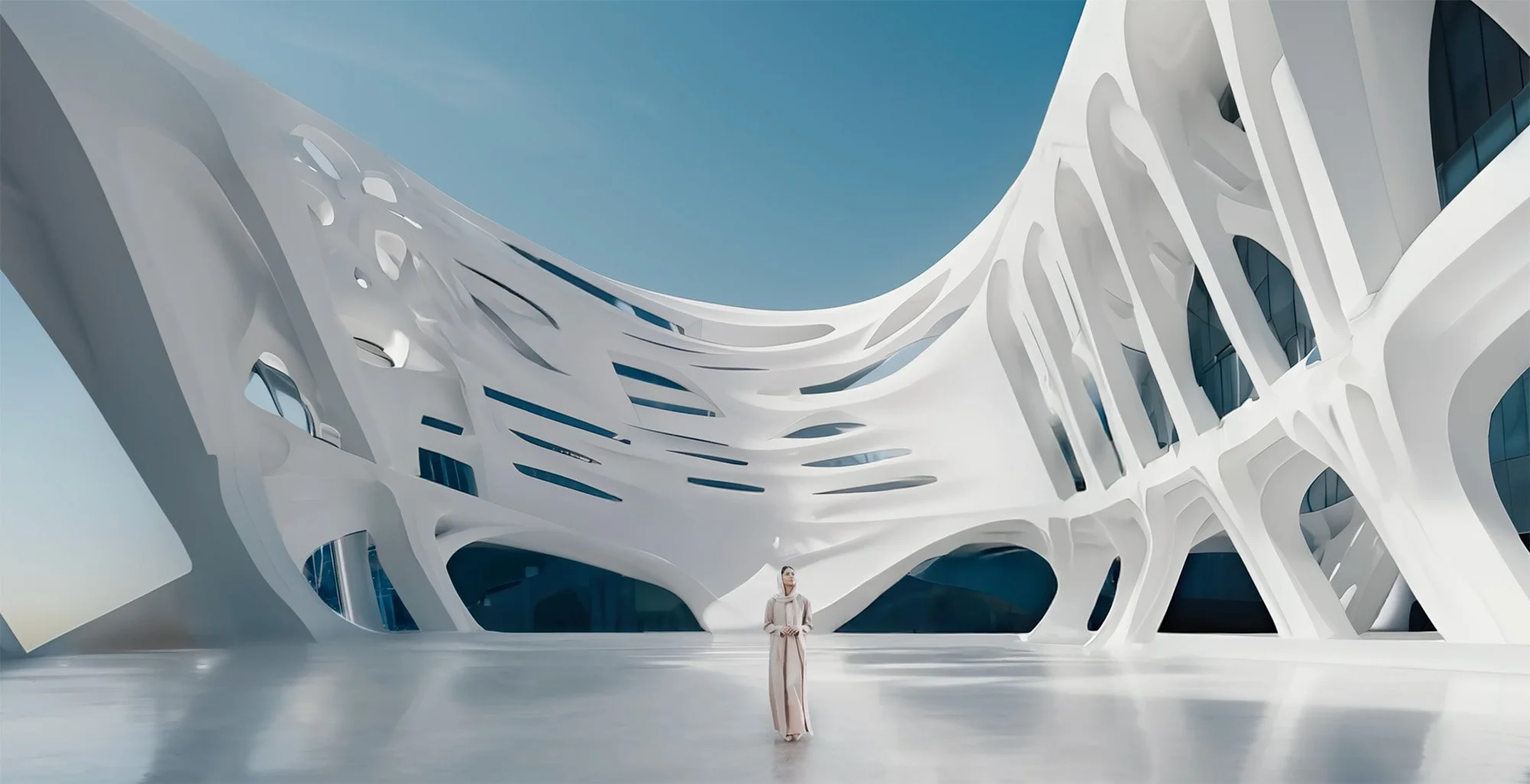 A person standing in front of an futuristic white architectural building with curved, geometric design and large windows.