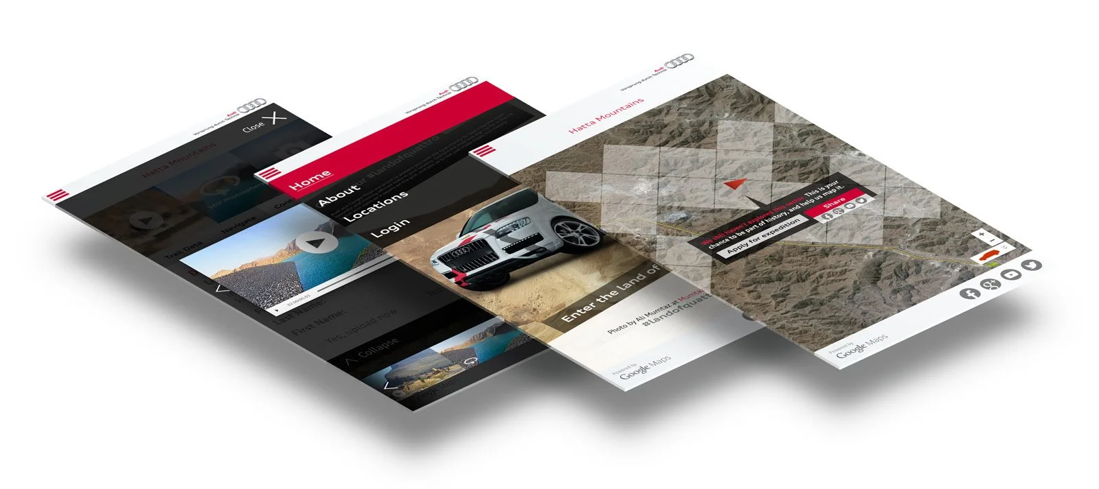 Three overlapping digital screens showcasing navigation and mapping apps with desert terrain and mountainous backgrounds, and a luxury car in the middle.