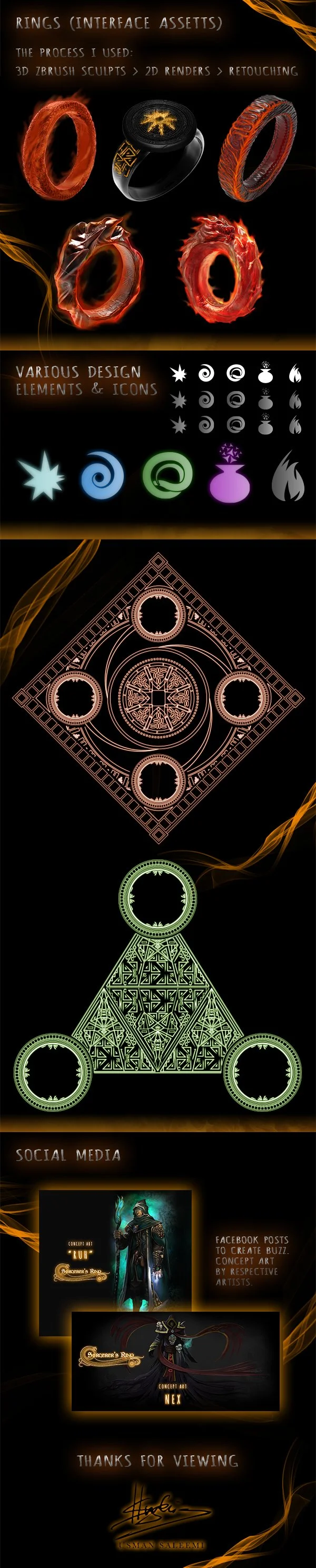 This image displays various digital design elements and icons for creating interface assets such as rings, magic symbols, and geometric patterns, along with examples of social media concept art.