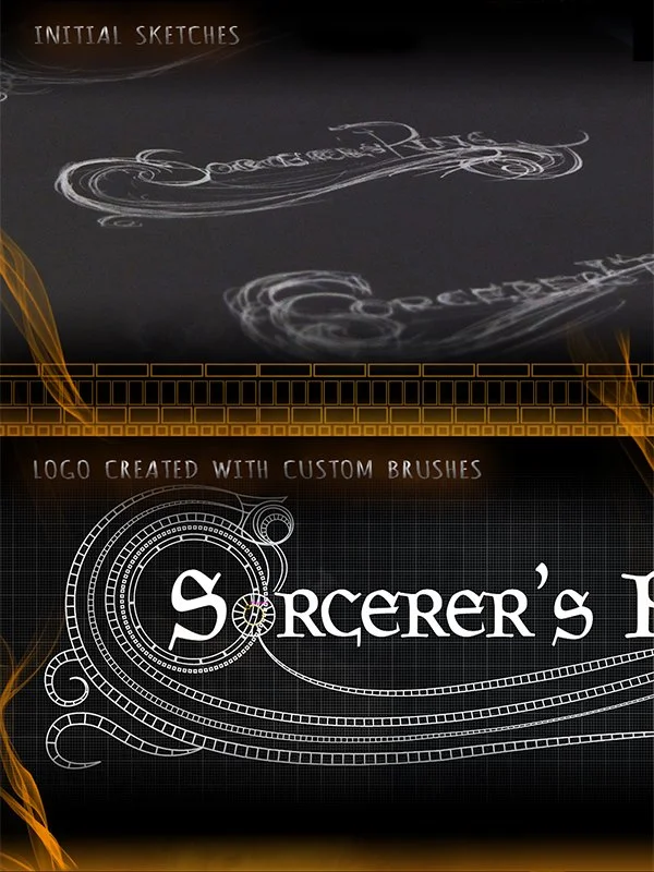 Sketches of a logo reading 'Sorcerer's' created with custom brushes, featuring ornate, decorative details and swirling lines.