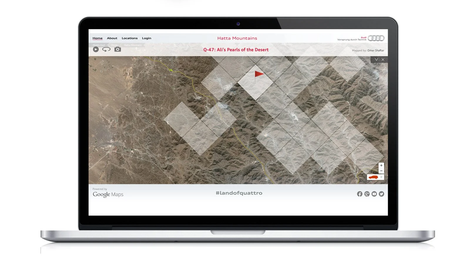 Laptop displaying a map of a desert area with marked square regions and a red flag, titled 'Q-47: Ali's Pearls of the Desert'.
