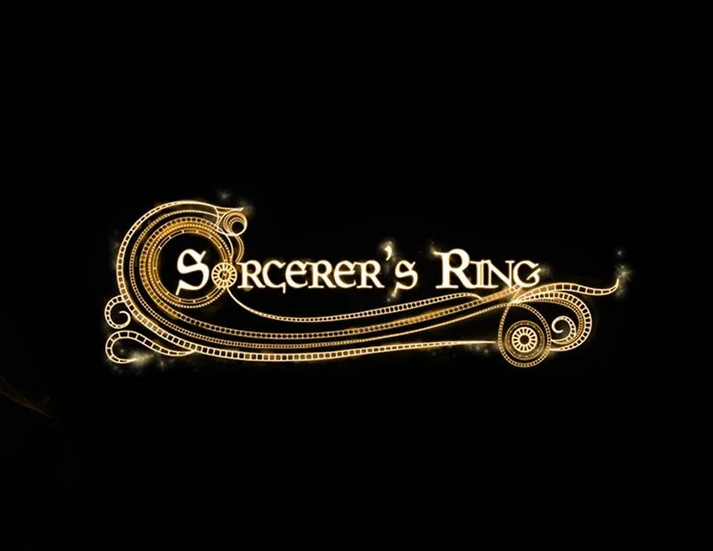 Golden, ornate text reads 'Sorcerer's Ring' with decorative swirling patterns on a black background.