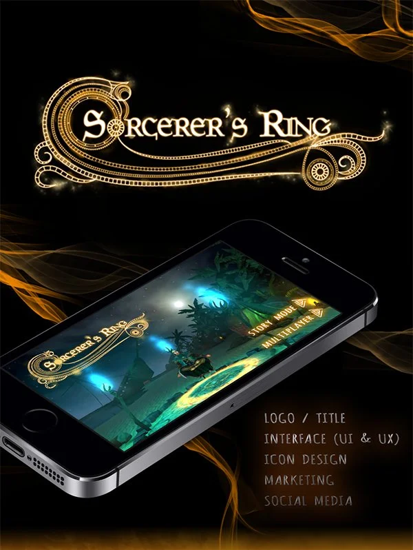 Promotion image for a mobile game called Sorcerer's Ring, featuring game title with magical design, a smartphone displaying the game interface, and text listing design elements like logo, interface, icon design, marketing, and social media.