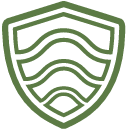 A shield emblem with a dark green outline and internal design of wavy lines.