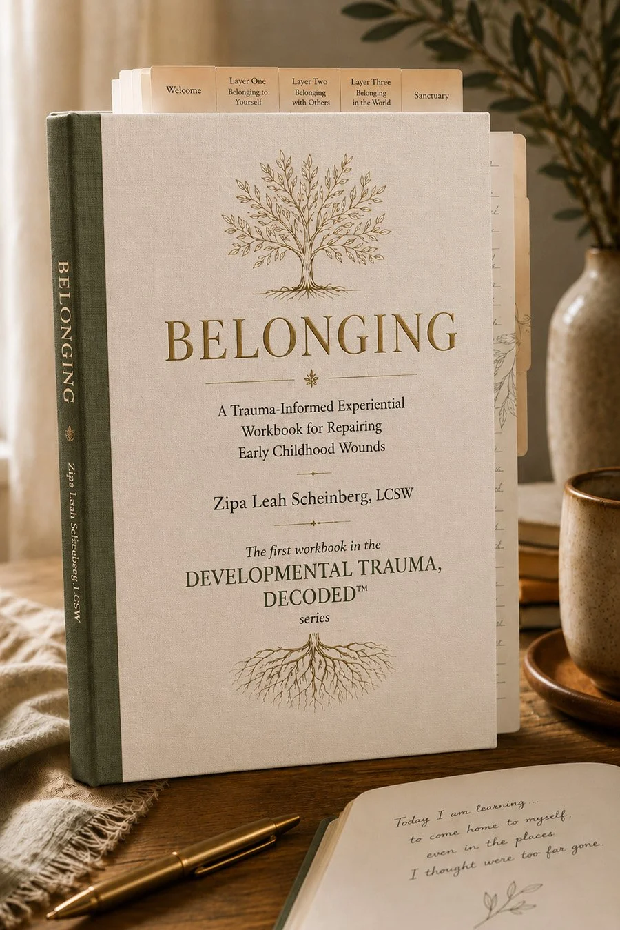 Book titled "Belonging: A Trauma-Informed Experiential Workbook for Repairing Early Childhood Wounds" by Zipa Leah Scheinberg, LCSW, with tabs labeled "Welcome," "Layer One: Belonging to Yourself," "Layer Two: Belonging with Others," "Layer Three: Belonging in the World," and "Sanctuary," placed on a wooden desk with a pen, a notebook with handwritten notes, a beige cloth, a ceramic vase with a plant, and a cup.