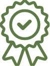 Green badge or ribbon with a checkmark inside a circle at the top.